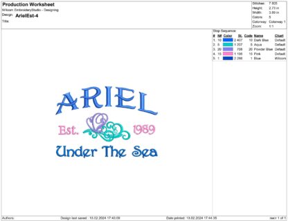 Under The Sea Est. 1989 Ariel Embroidery design