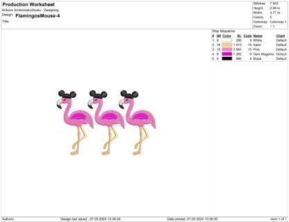Mouse hats on Flamingos embroidery design