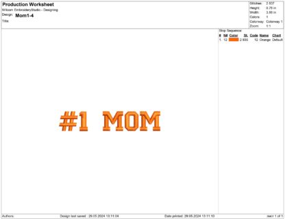 #1 Mom Embroidery design