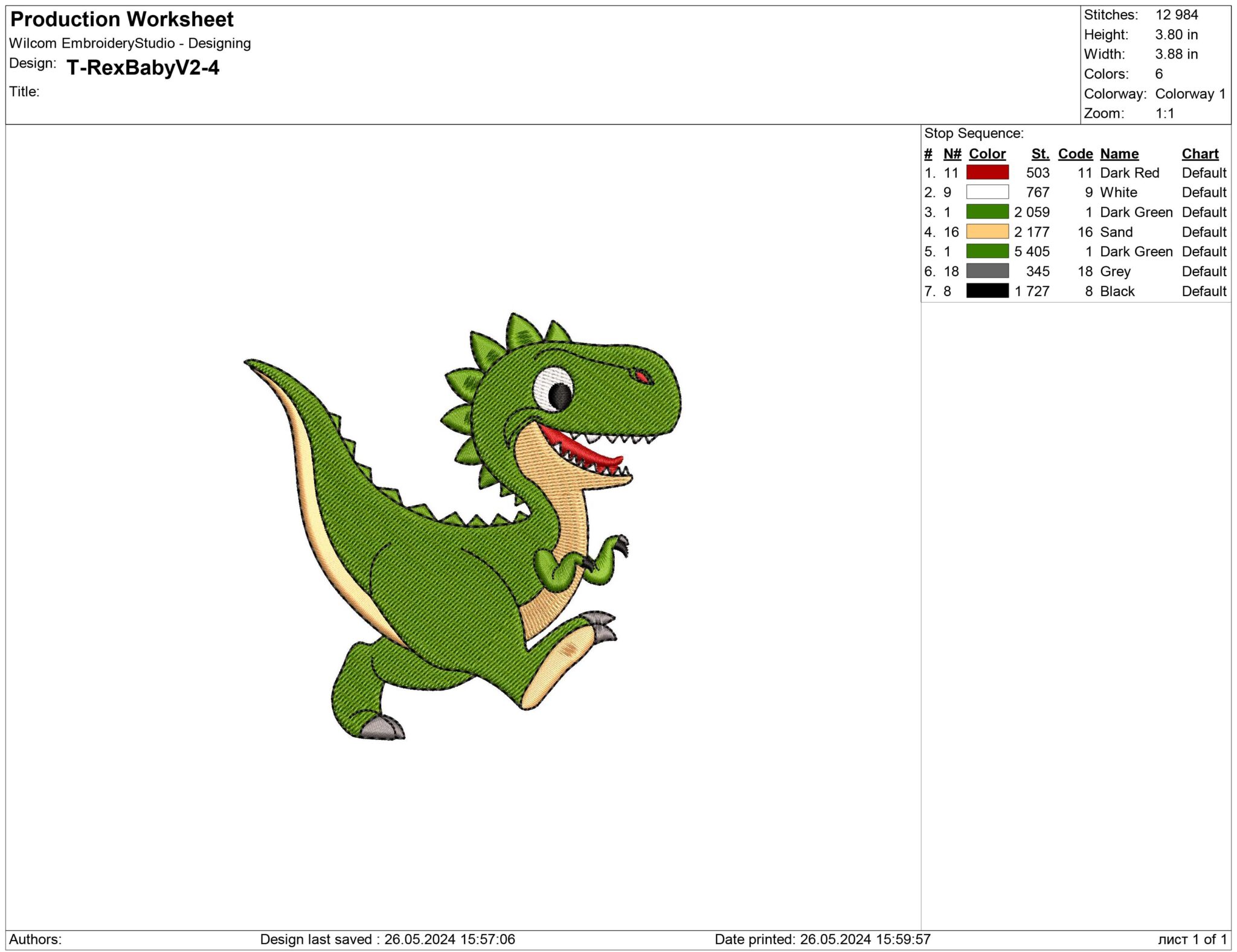 T-Rex Dinosaur Embroidery design for machine embroidery