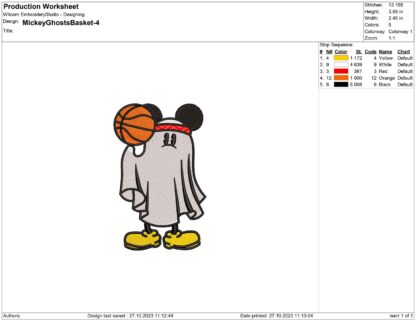 Halloween Mouse ghost with Basketball ball Embroidery design files