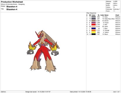 Blaziken Pokemon Embroidery design