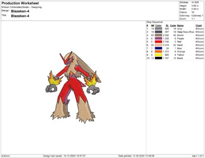 Blaziken Pokemon Embroidery design