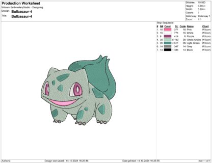 Bulbasaur Pokemon Embroidery design