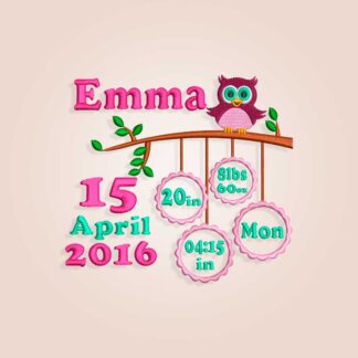 Owl Baby Birth Announcement Embroidery design