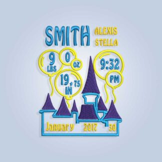 Blue castle Baby Birth Announcement Embroidery design