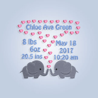 Elephants Baby Birth Announcement Embroidery design files