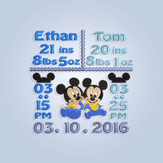 Mickey Mouse twins baby birth Announcement Embroidery design files