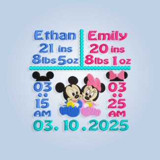 Mickey twins baby birth Announcement Embroidery design