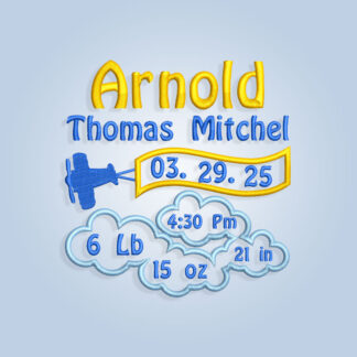 Plain in clouds Baby Birth Announcement Embroidery design