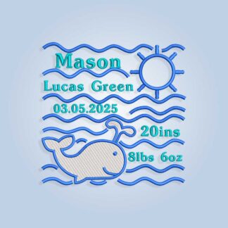 Whale Baby Birth Announcement Embroidery design