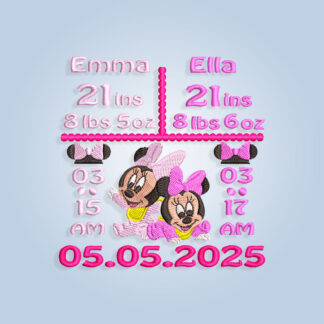 Minnie Mouse Twins Girls Baby Birth Announcement Embroidery design