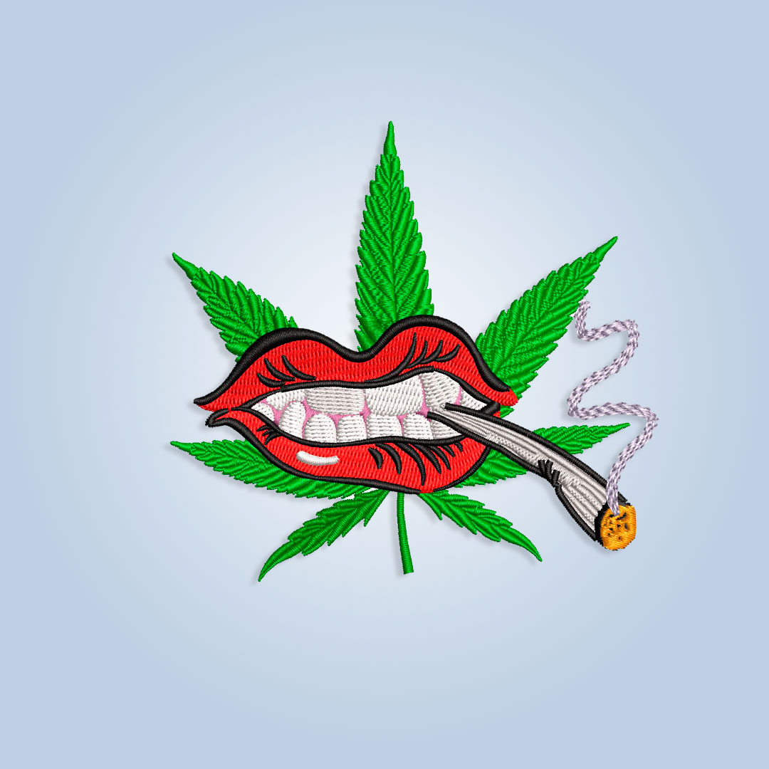 Mouth with joint and cannabis leaf embroidery design