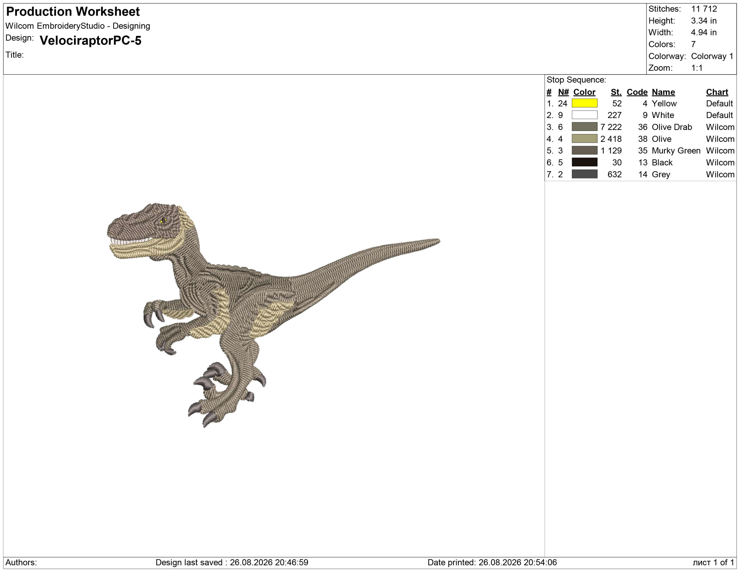 Velociraptor Dinosaur embroidery design